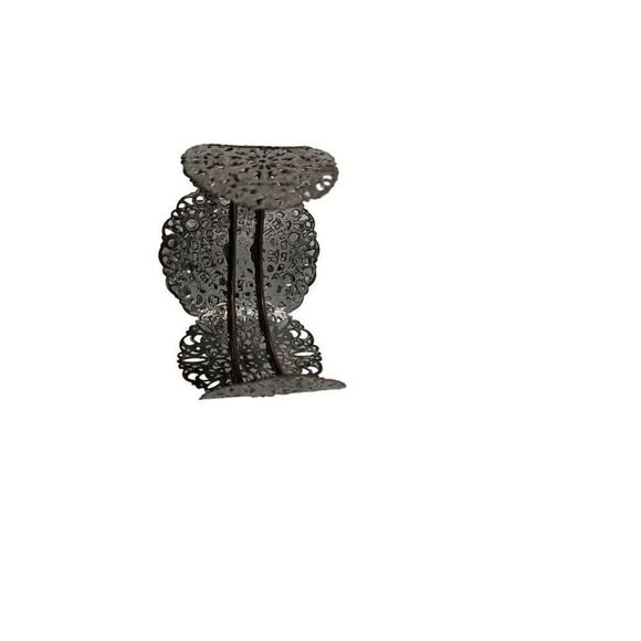 Vintage Fillagree Metal Wide Cuff Bracelet Silver Rhinestone Perforated Scroll - Picture 8 of 9